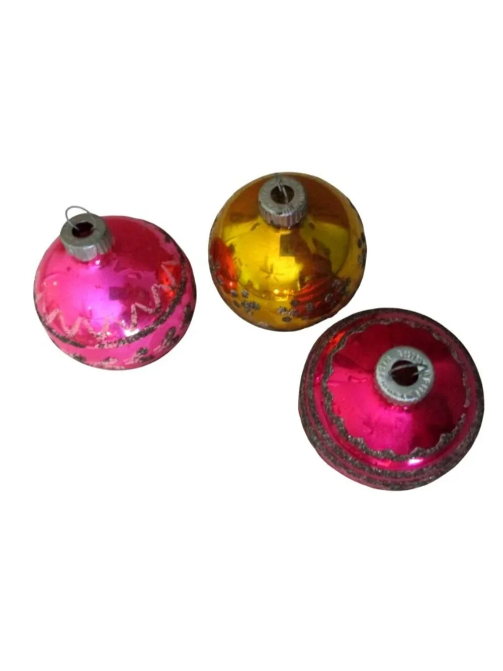 Set of 3 Vintage Shiny Brite Glass Christmas Ornaments – Glitter Design, 2.5 Inc